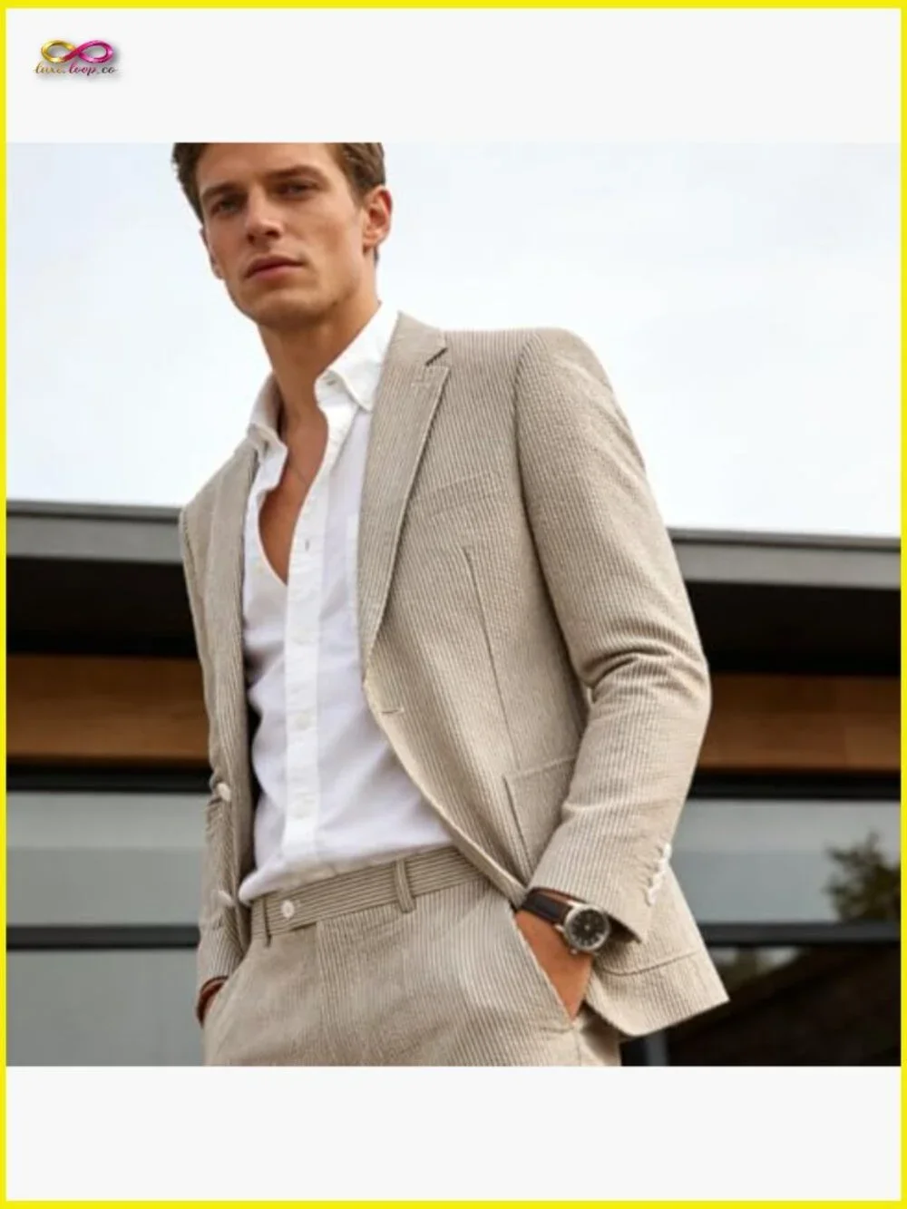 Seersucker Slim Fit Suit Set Formal Summer Wedding Grooms Blazer Pants